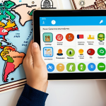 ** A person happily using a language learning app on their tablet, surrounded by icons representing progress tracking, personalized feedback, and gamified learning. The background subtly shows famous landmarks from different countries, symbolizing language learning.

**