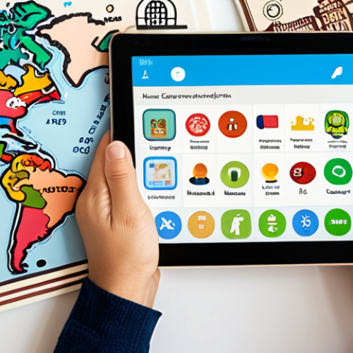 Home 4 ** A person happily using a language learning app on their tablet, surrounded by icons representing progress tracking, personalized feedback, and gamified learning. The background subtly shows famous landmarks from different countries, symbolizing language learning.
**