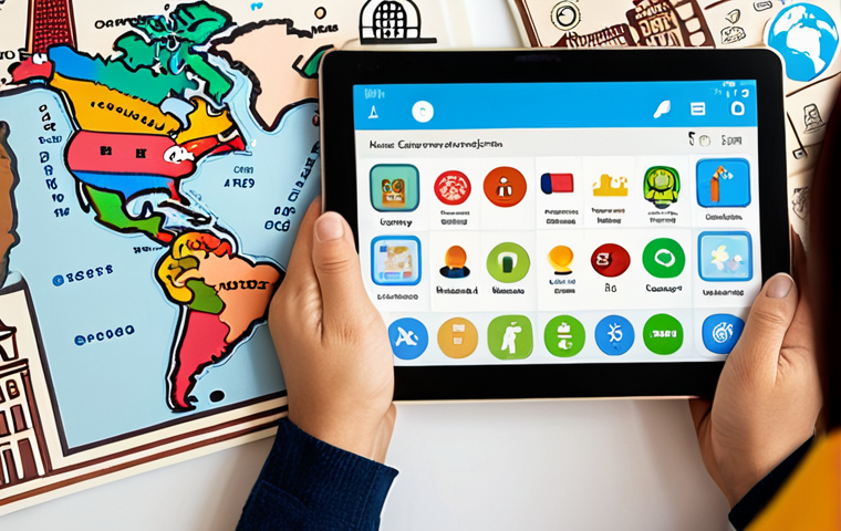 ** A person happily using a language learning app on their tablet, surrounded by icons representing progress tracking, personalized feedback, and gamified learning. The background subtly shows famous landmarks from different countries, symbolizing language learning.

**