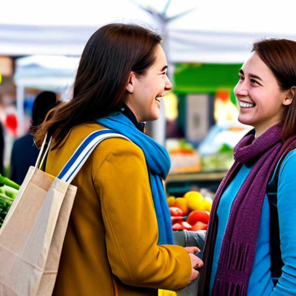 A confident young woman, fully clothed in modest, comfortable attire, engaging in a natural, friendly conversation with a local vendor at a vibrant, bustling farmers market. Both individuals are fully clothed in appropriate attire. The woman is smiling genuinely, holding a reusable canvas bag. The background shows blurred market stalls and diverse, fully clothed people in a warm, inviting atmosphere. Perfect anatomy, correct proportions, natural pose, well-formed hands, proper finger count, natural body proportions. Safe for work, appropriate content, fully clothed, professional, family-friendly, high-quality photography, natural light.