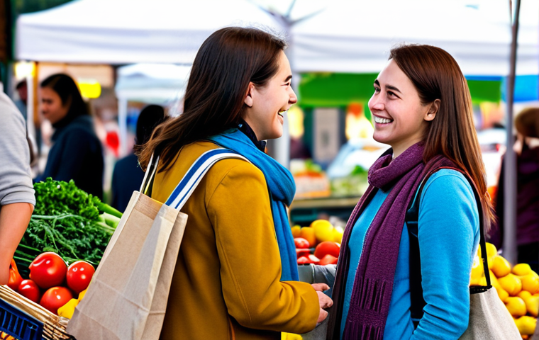 A confident young woman, fully clothed in modest, comfortable attire, engaging in a natural, friendly conversation with a local vendor at a vibrant, bustling farmers market. Both individuals are fully clothed in appropriate attire. The woman is smiling genuinely, holding a reusable canvas bag. The background shows blurred market stalls and diverse, fully clothed people in a warm, inviting atmosphere. Perfect anatomy, correct proportions, natural pose, well-formed hands, proper finger count, natural body proportions. Safe for work, appropriate content, fully clothed, professional, family-friendly, high-quality photography, natural light.