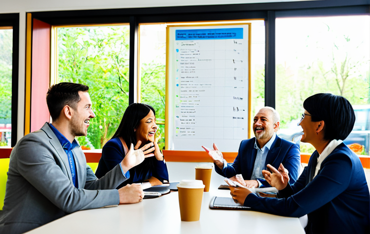 A diverse group of adult language learners, fully clothed in professional yet modest business casual attire, engaged in a vibrant role-playing exercise simulating a cafe conversation. They are sitting around a table in a bright, modern language learning center designed like a cozy coffee shop, with natural light streaming through large windows. Some are gesturing animatedly, others listening intently, all with natural poses and expressions. The background includes tasteful cultural decorations and a whiteboard with foreign phrases. Professional photography, high-resolution, perfect anatomy, correct proportions, well-formed hands, proper finger count, natural body proportions, safe for work, appropriate content, fully clothed, modest clothing, family-friendly.