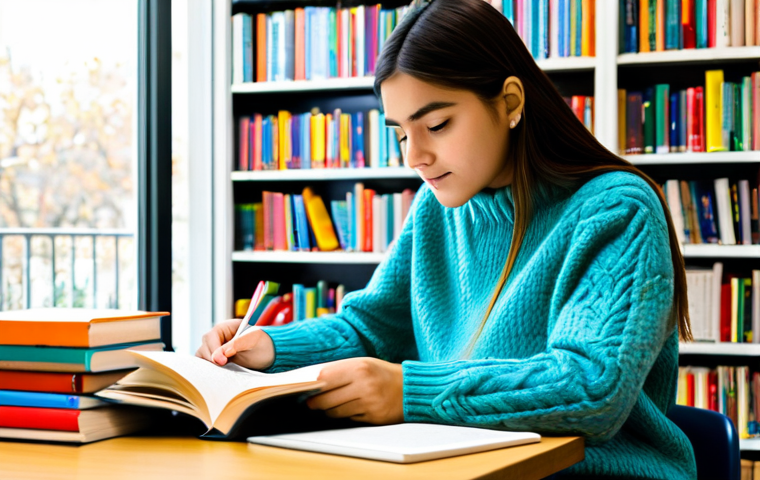 **

A college student, fully clothed in a modest sweater and jeans, studying a Spanish textbook at a desk in a brightly lit library. Bookshelves filled with colorful books are in the background. Safe for work, appropriate content, fully clothed, professional study environment, perfect anatomy, natural proportions, family-friendly.

**