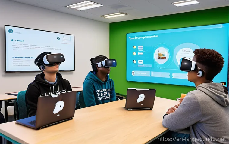 언어 교육에서의 교사 교육 - **Tech-Savvy Teaching: Immersive VR Language Practice**
    A vibrant, modern language classroom fil...