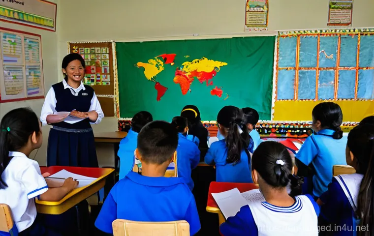 언어 교육에서의 교사 교육 - **Tech-Savvy Teaching: Immersive VR Language Practice**
    A vibrant, modern language classroom fil...