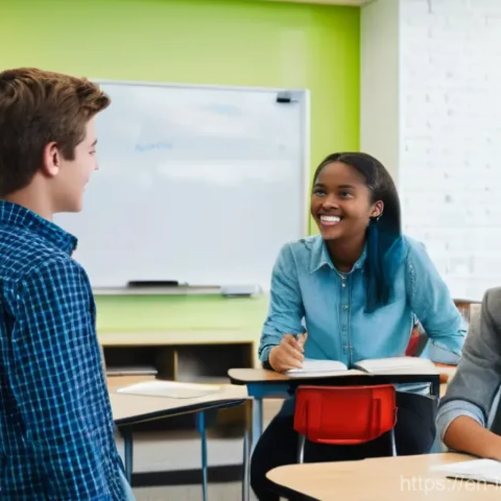 언어 교육학에서의 문법 교육 - **A vibrant, modern high school classroom scene.** A diverse group of four to five teenagers (around...