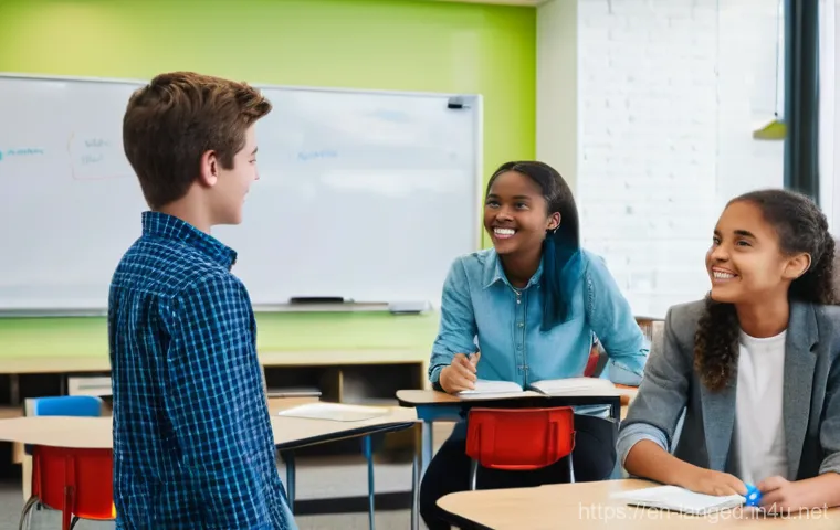 언어 교육학에서의 문법 교육 - **A vibrant, modern high school classroom scene.** A diverse group of four to five teenagers (around...