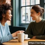 언어 교육에서의 문화 교육 - **Prompt:** A cozy and inviting indoor scene set in a lively London coffee shop. Two adult individua...