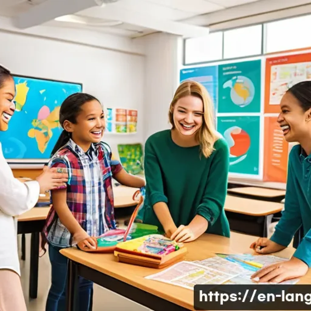 언어 교육에서의 문화적 콘텐츠 활용 - A vibrant classroom scene where diverse students, all wearing casual but modest clothing, enthusiast...