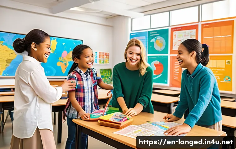 언어 교육에서의 문화적 콘텐츠 활용 - A vibrant classroom scene where diverse students, all wearing casual but modest clothing, enthusiast...