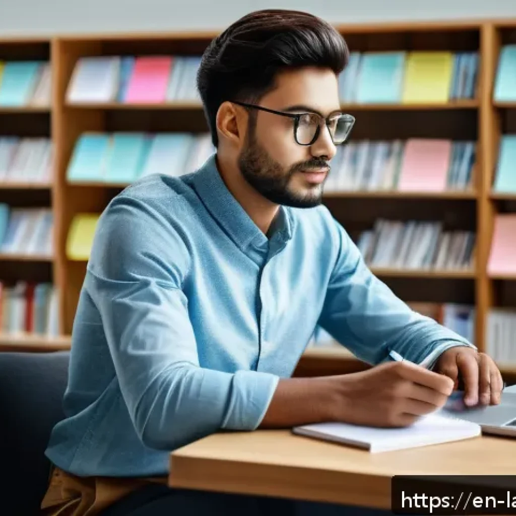 언어 교육에서의 학술적 글쓰기 - A modern academic workspace featuring a focused young researcher in casual professional attire, seat...