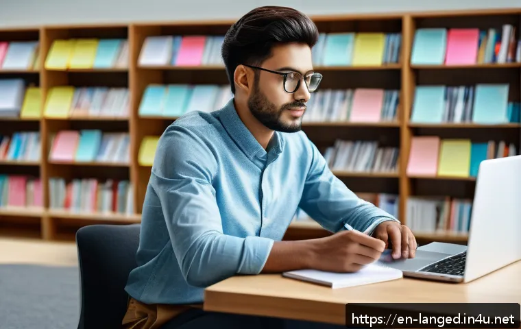 언어 교육에서의 학술적 글쓰기 - A modern academic workspace featuring a focused young researcher in casual professional attire, seat...