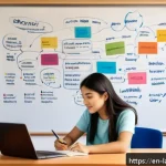 언어 교육의 의미론적 접근 - A cozy study room scene featuring a young adult learner surrounded by colorful semantic word cluster...