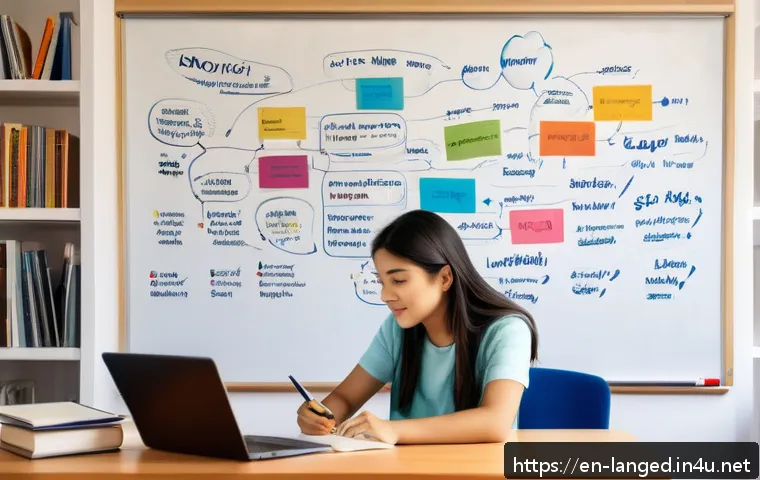 언어 교육의 의미론적 접근 - A cozy study room scene featuring a young adult learner surrounded by colorful semantic word cluster...