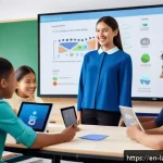 언어 교사의 역할 - A modern classroom scene featuring a diverse group of adult students engaging with digital language ...