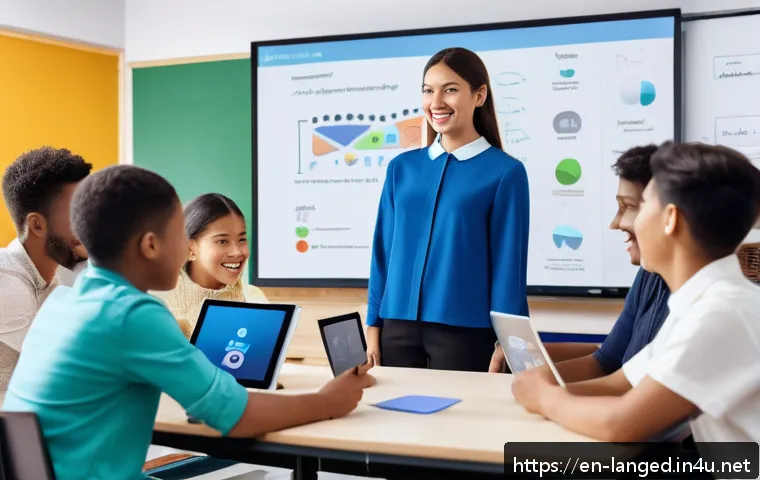 언어 교사의 역할 - A modern classroom scene featuring a diverse group of adult students engaging with digital language ...