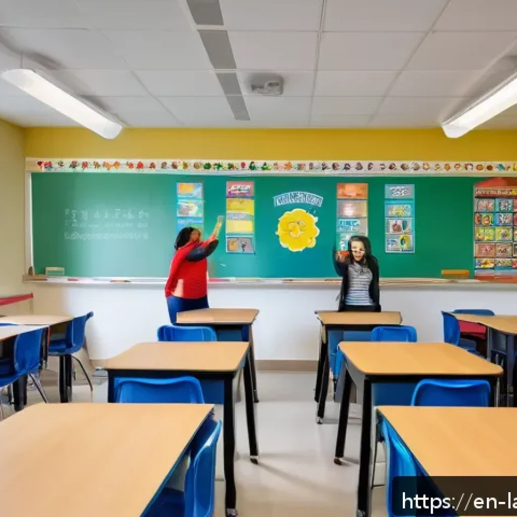 언어 교육에서의 수업 관리 - A bright and inviting modern classroom scene designed for language learning, featuring students of d...