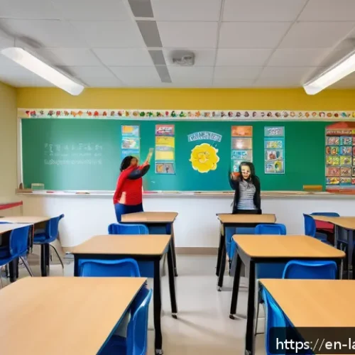 언어 교육에서의 수업 관리 - A bright and inviting modern classroom scene designed for language learning, featuring students of d...