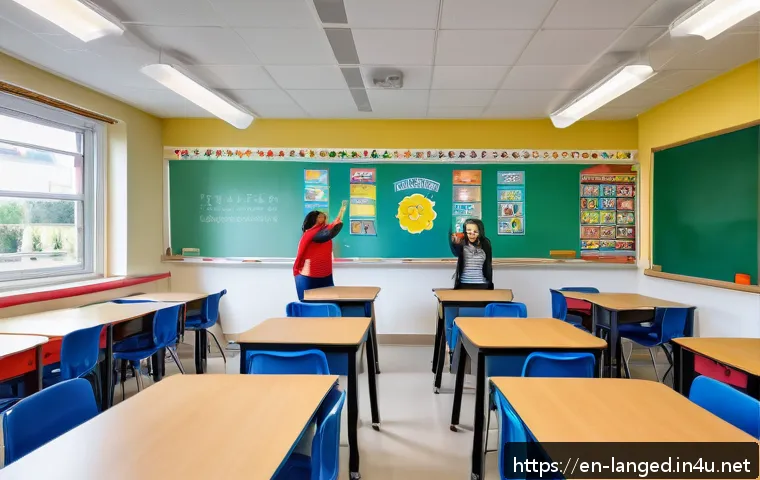 언어 교육에서의 수업 관리 - A bright and inviting modern classroom scene designed for language learning, featuring students of d...