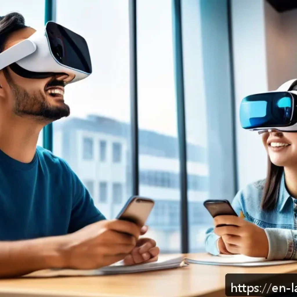 언어 교육에서의 학습 자원 개발 - A vibrant classroom scene featuring diverse adult learners engaging with a futuristic virtual realit...