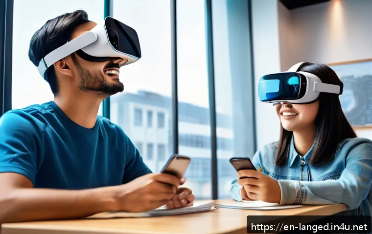 언어 교육에서의 학습 자원 개발 - A vibrant classroom scene featuring diverse adult learners engaging with a futuristic virtual realit...