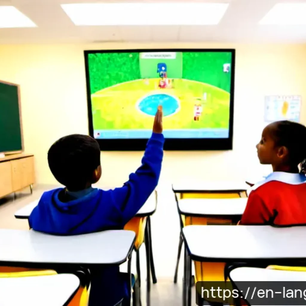 언어 교육에서의 미디어 활용 - Photorealistic modern elementary classroom in the United States, diverse children aged 9–11 seated i...