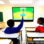 언어 교육에서의 미디어 활용 - Photorealistic modern elementary classroom in the United States, diverse children aged 9–11 seated i...
