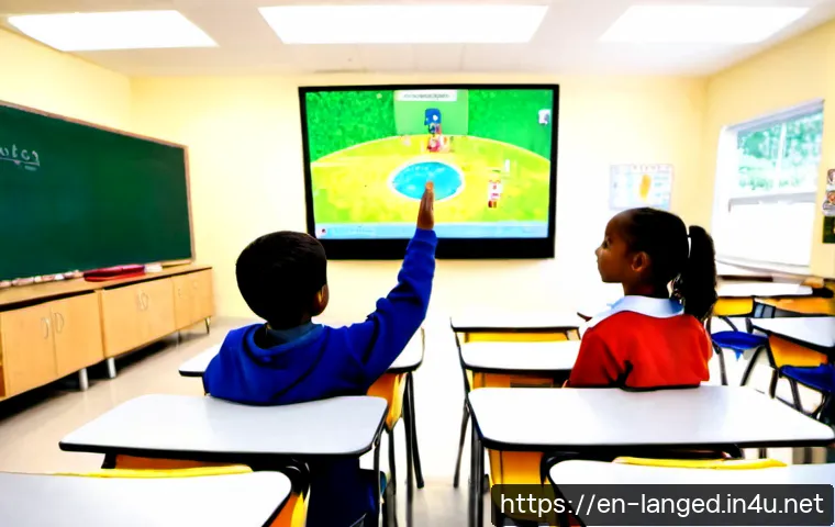 언어 교육에서의 미디어 활용 - Photorealistic modern elementary classroom in the United States, diverse children aged 9–11 seated i...